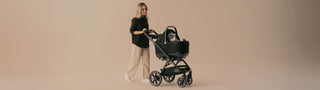 Woman pushing cat in Tavo pet car seat on Roscoe stroller frame on beige background