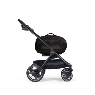 A Dupree I  Pet Car Seat, in onyx, and attached to the Roscoe Trek 2.0 Pet Stroller Frame from a side profile.