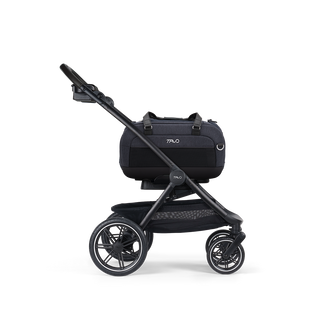 A Dupree II Pet Car Seat, in astral, and attached to the Roscoe Trek 2.0 Pet Stroller Frame from a side profile.