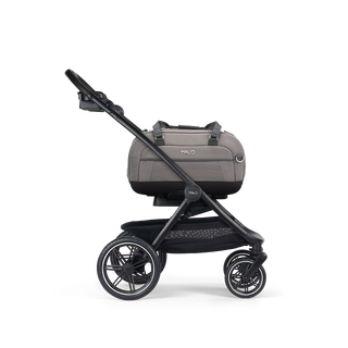 A Dupree II  Pet Car Seat, in merle, and attached to the Roscoe Trek 2.0 Pet Stroller Frame from a side profile.