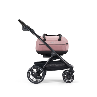 A Dupree II Pet Car Seat, in sakura, and attached to the Roscoe Trek 2.0 Pet Stroller Frame from a side profile.