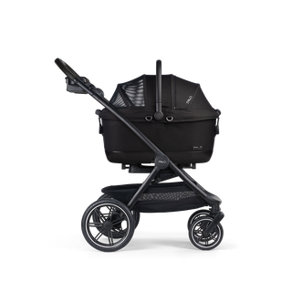 A Maeve iso 6x Pet Car Seat closed, in onyx, and attached to the Roscoe Trek 2.0 Pet Stroller Frame from a side profile.