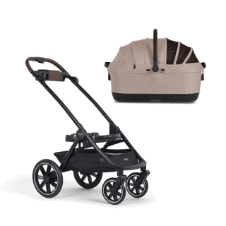 A Maeve iso Wind 7x-R Pet Car Seat closed, in fawn, sitting next to  the Roscoe Trek 2.0 Pet Stroller Frame.