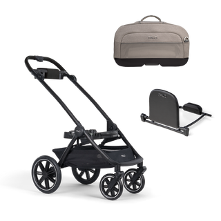 A Dupree I Pet Car Seat, in merle, and Dupree adaptor sitting next to the Roscoe Trek 2.0 Pet Stroller Frame.
