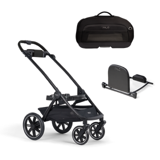 A Dupree I Pet Car Seat, in onyx, and Dupree adaptor sitting next to the Roscoe Trek 2.0 Pet Stroller Frame.
