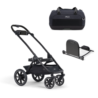 A Dupree II Pet Car Seat, in astral, and Dupree adaptor sitting next to the Roscoe Trek 2.0 Pet Stroller Frame.