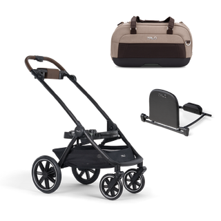 A Dupree II Pet Car Seat, in fawn, and Dupree adaptor sitting next to the Roscoe Trek 2.0 Pet Stroller Frame.