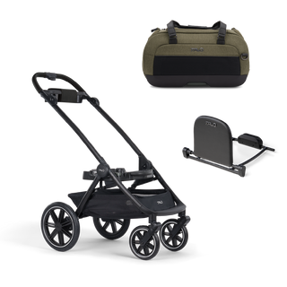 A Dupree II Pet Car Seat, in fern, and Dupree adaptor sitting next to the Roscoe Trek 2.0 Pet Stroller Frame.