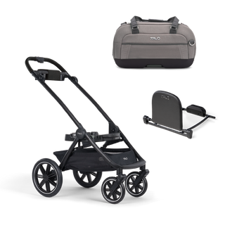 A Dupree II Pet Car Seat, in merle, and Dupree adaptor sitting next to the Roscoe Trek 2.0 Pet Stroller Frame.