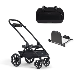 A Dupree II Pet Car Seat, in onyx, and Dupree adaptor sitting next to the Roscoe Trek 2.0 Pet Stroller Frame