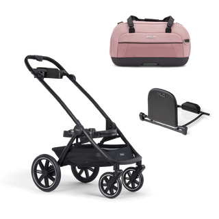A Dupree II Pet Car Seat, in sakura, and Dupree adaptor sitting next to the Roscoe Trek 2.0 Pet Stroller Frame.