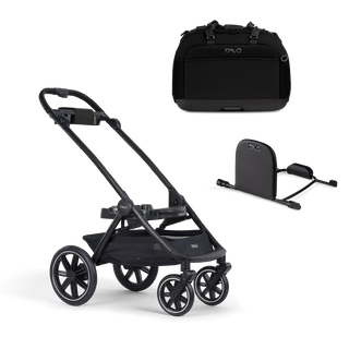A Hendrick  Pet Car Seat, in onyx, and a  Hendrick adaptor sitting next to  the Roscoe Trek 2.0 Pet Stroller Frame.