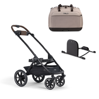 A Hendrick Car Seat, in tawny, and a Hendrick adaptor sitting next to  the Roscoe Trek 2.0 Pet Stroller Frame.