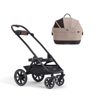 A Maeve iso 5x Pet Car Seat closed, in fawn, sitting next to  the Roscoe Trek 2.0 Pet Stroller Frame.