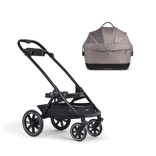 A Maeve iso 5x Pet Car Seat closed, in merle, sitting next to  the Roscoe Trek 2.0 Pet Stroller Frame.