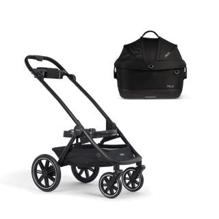 A Maeve iso 5x Pet Car Seat closed, in onyx, sitting next to  the Roscoe Trek 2.0 Pet Stroller Frame.