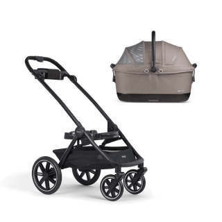 A Maeve iso 6x Pet Car Seat closed, in merle, sitting next to  the Roscoe Trek 2.0 Pet Stroller Frame.