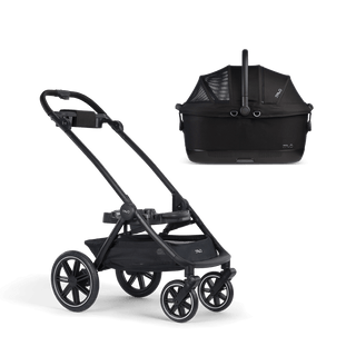 A Maeve iso 6x Pet Car Seat closed, in onyx, sitting next to  the Roscoe Trek 2.0 Pet Stroller Frame.