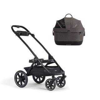 A Maeve iso Wind 5x Pet Car Seat closed, in ashen, sitting next to  the Roscoe Trek 2.0 Pet Stroller Frame.