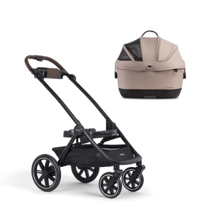 A Maeve iso Wind 5x Pet Car Seat closed, in fawn, sitting next to  the Roscoe Trek 2.0 Pet Stroller Frame.