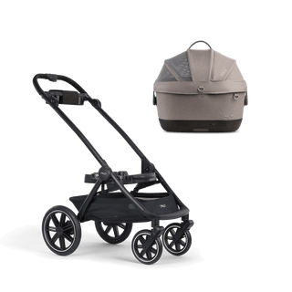 A Maeve iso Wind 5x Pet Car Seat closed, in merle, sitting next to  the Roscoe Trek 2.0 Pet Stroller Frame.