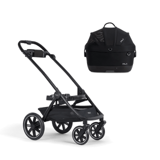 A Maeve iso Wind 5x Pet Car Seat closed, in onyx, sitting next to  the Roscoe Trek 2.0 Pet Stroller Frame.