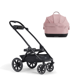 A Maeve iso Wind 5x Pet Car Seat closed, in sakura, sitting next to  the Roscoe Trek 2.0 Pet Stroller Frame.