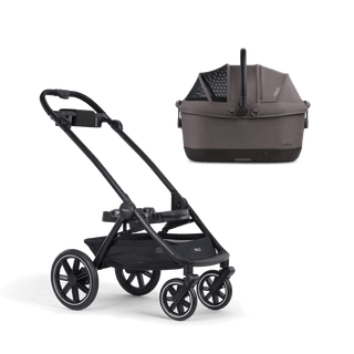 A Maeve iso Wind 6x Pet Car Seat closed, in ashen, sitting next to  the Roscoe Trek 2.0 Pet Stroller Frame.