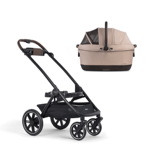 A Maeve iso Wind 6x Pet Car Seat closed, in fawn, sitting next to  the Roscoe Trek 2.0 Pet Stroller Frame.