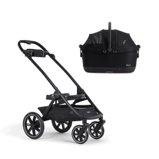 A Maeve iso Wind 6x Pet Car Seat closed, in onyx, sitting next to  the Roscoe Trek 2.0 Pet Stroller Frame.