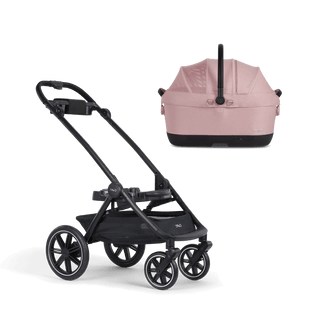 A Maeve iso Wind 6x Pet Car Seat closed, in sakura, sitting next to  the Roscoe Trek 2.0 Pet Stroller Frame.