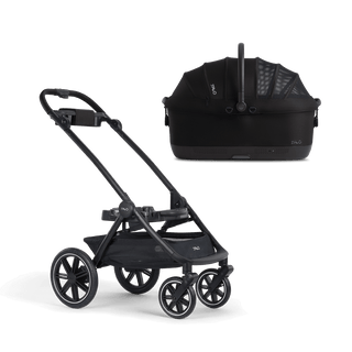 A Maeve iso Wind 7x-R Pet Car Seat closed, in onyx, sitting next to  the Roscoe Trek 2.0 Pet Stroller Frame.