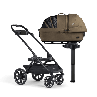 A MaeveMedium Flex Pet Car Seat closed, in brindle, sitting next to  the Roscoe Trek 2.0 Pet Stroller Frame.