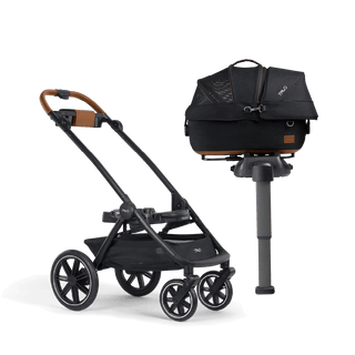 A Maeve Small Flex Pet Car Seat closed, in onyx, sitting next to the Roscoe Trek 2.0 Pet Stroller Frame.