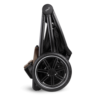 A Roscoe Trek 2.0 Pet Stroller frame in chocolate shown folded.
