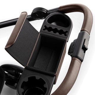 A Roscoe Trek 2.0 Pet Stroller frame in chocolate showing its organizer bar open.