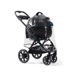 A Tavo Pets rain cover on a Maeve 5 series pet travel system shown from an angle - view 1