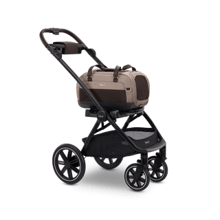 Dupree II pet car seat in the fawn fashion attached to the Roscoe Trek pet stroller frame