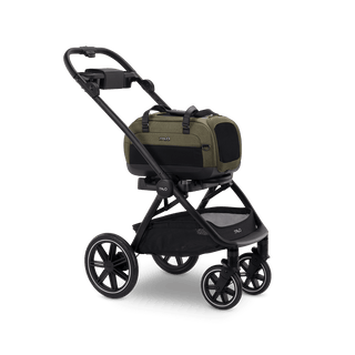 Dupree II pet car seat in the fern fashion attached to the Roscoe Trek pet stroller frame