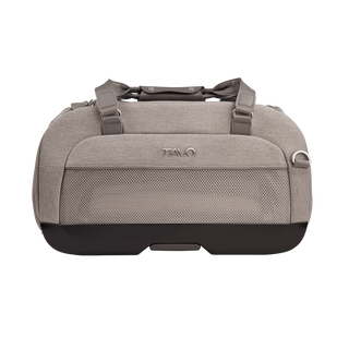 side view of compact, gray pet car seat with mesh window and two carry handles at the top - view 7