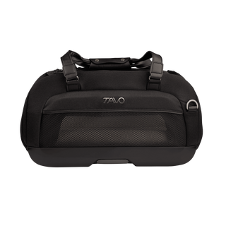 side view of compact, black pet car seat with mesh window and two carry handles at the top - view 1