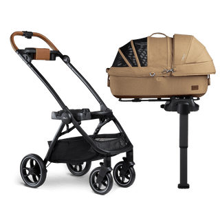 medium pet carrier on vehicle base and stroller frame
