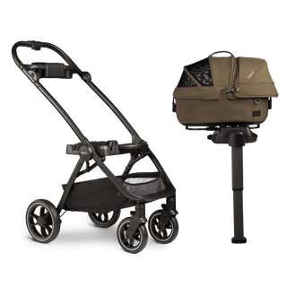 small pet carrier on vehicle base and stroller frame
