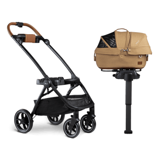 small pet carrier on vehicle base and stroller frame
