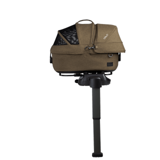 small pet car seat on base, brindle