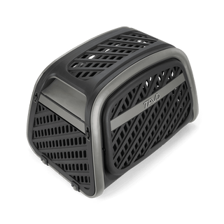 The Everett L crash-tested pet cargo crate from an overhead side angle showing the smooth rolling wheels 
