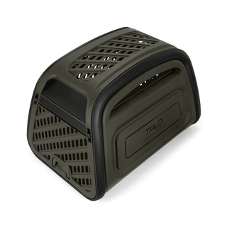 The Everett L crash-tested pet cargo crate from an overhead side angle showing the smooth rolling wheels.