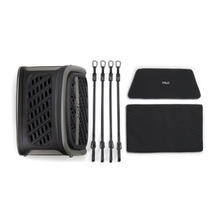 A layflat image of all of the things that come in the box with the Everett L pet cargo crate including four anchor straps, a mattress pad, and an interior crash protection guard