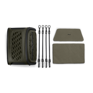 A layflat image of all of the things that come in the box with the Everett L pet cargo crate including four anchor straps, a mattress pad, and an interior crash protection guard.