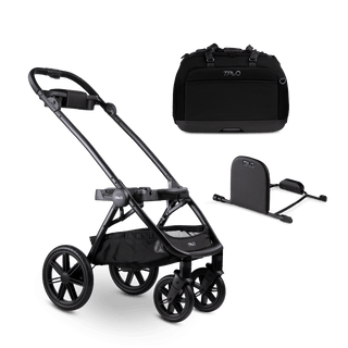 An onyx fashion Hendrick Travel System broken down into three parts of the stroller frame, the adapter, and the pet car seat